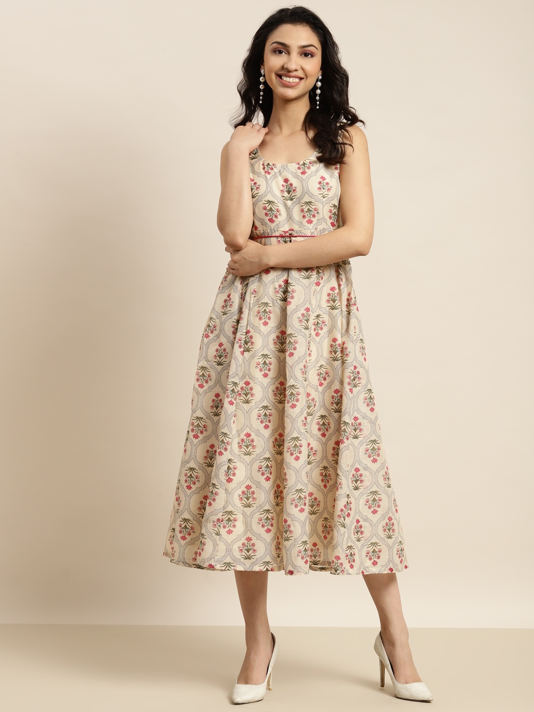 

Shae by SASSAFRAS Beige & Pink Ethnic Motifs Ethnic Anarkali Midi Dress