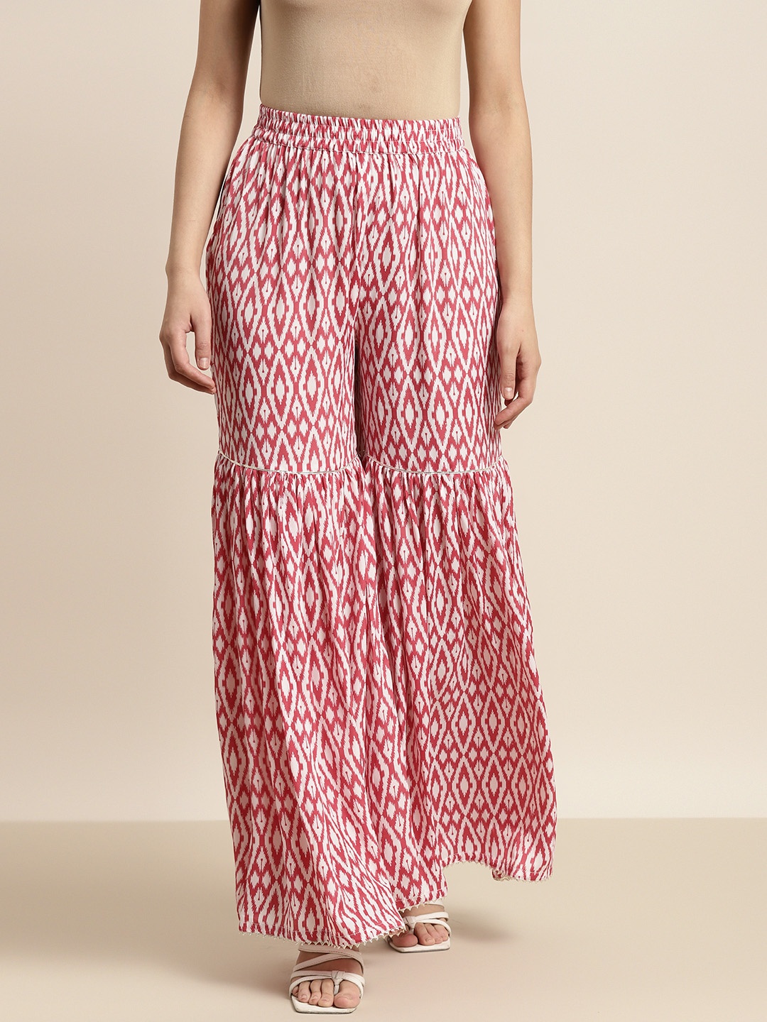

Shae by SASSAFRAS Women Red & White Printed Flared Pleated Sharara Pants