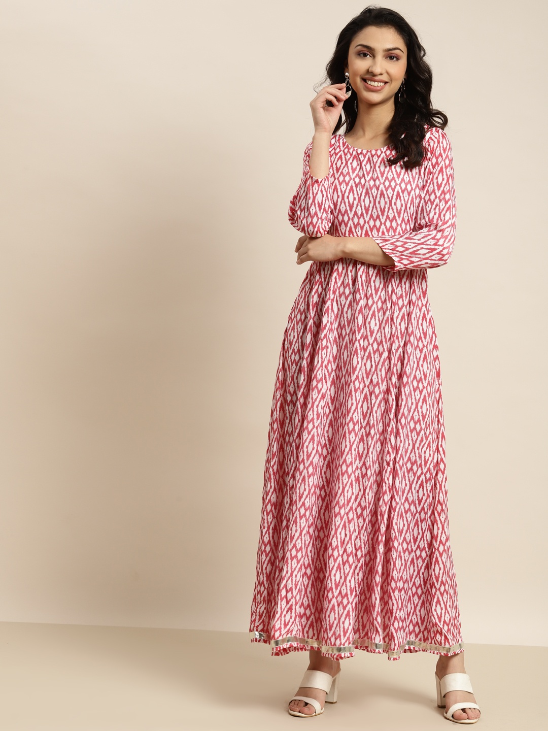 

Shae by SASSAFRAS Red & White Ikat Crepe Ethnic Anarkali Maxi Dress
