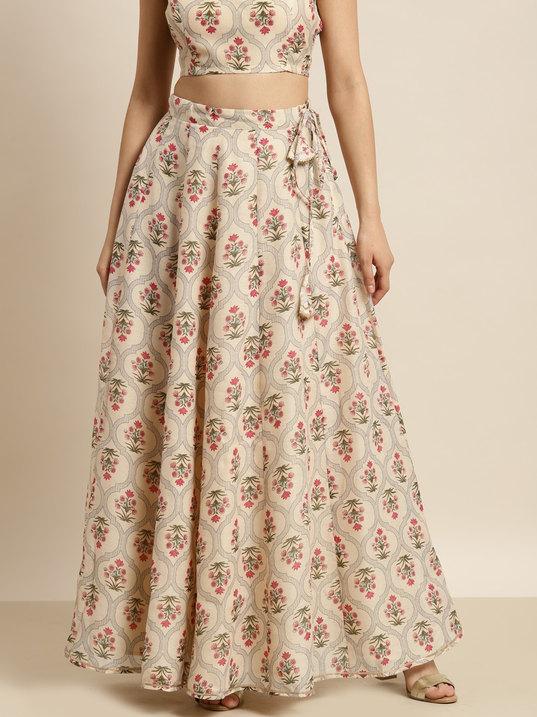 

Shae by SASSAFRAS Women Beige & Pink Ethnic Print Maxi Flared Skirt