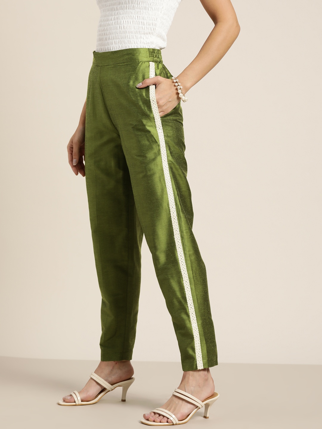 

Shae by SASSAFRAS Women Olive Green Mirror Lace Pencil Pants