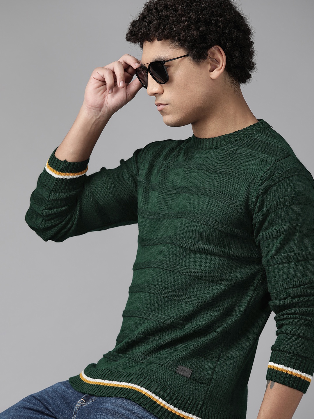 

The Roadster Lifestyle Co. Men Green Acrylic Self-Striped Pullover