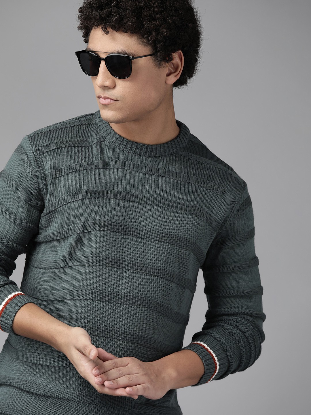 

The Roadster Lifestyle Co. Men Grey Acrylic Self-Striped Pullover