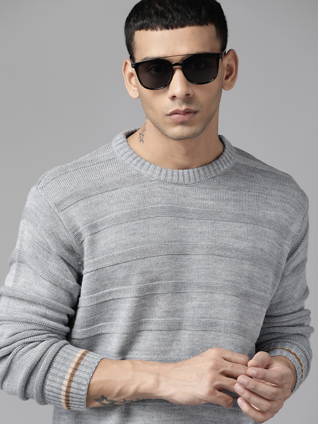 

The Roadster Lifestyle Co. Men Grey Acrylic Striped Knitted Pullover