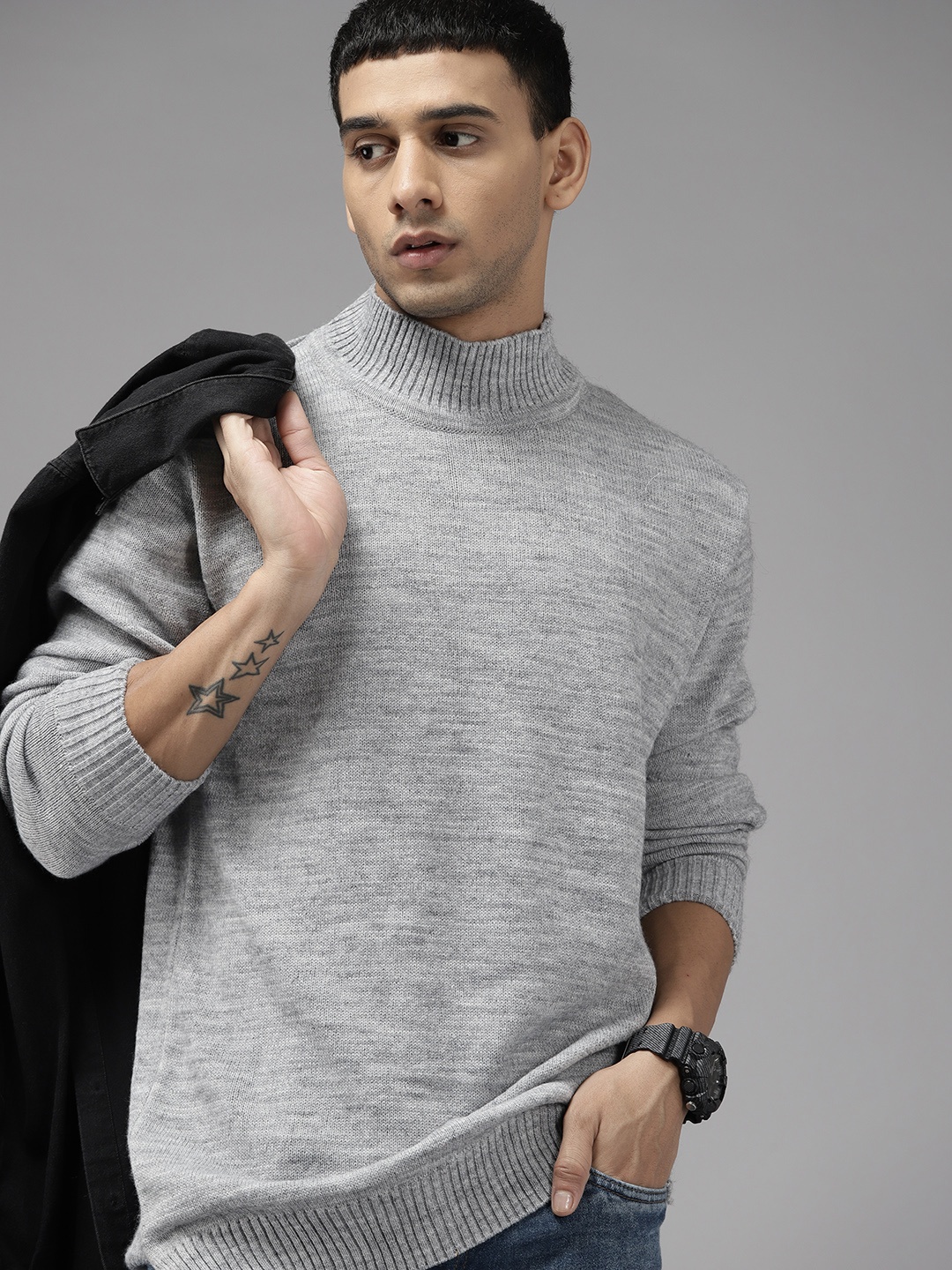 

The Roadster Lifestyle Co. Men Grey Melange Acrylic Solid Turtle Neck Pullover