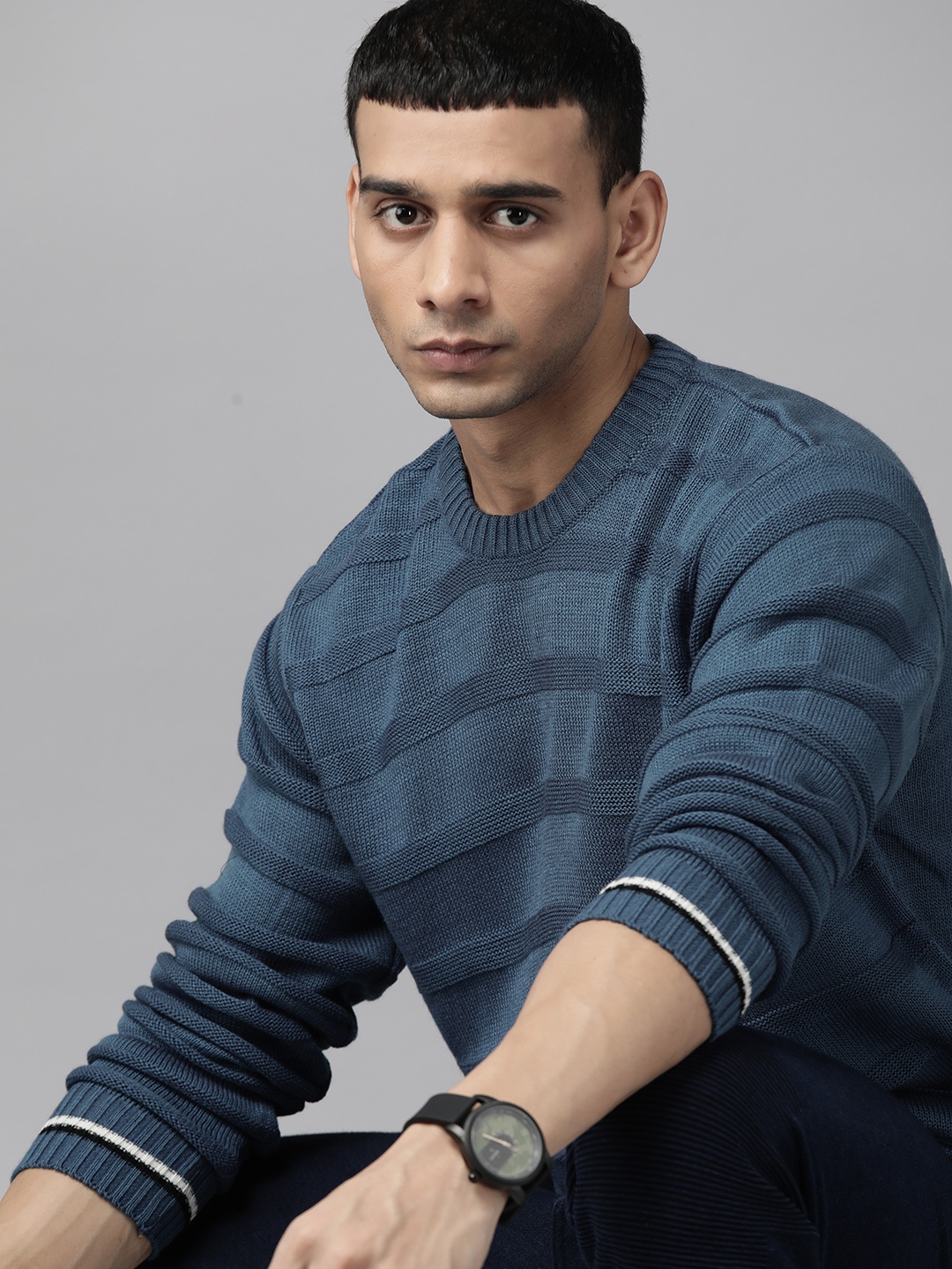 

The Roadster Lifestyle Co. Men Teal Blue Acrylic Striped Knitted Pullover