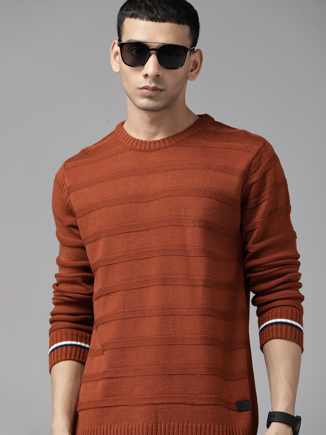 

The Roadster Lifestyle Co. Men Rust Brown Acrylic Striped Knitted Pullover