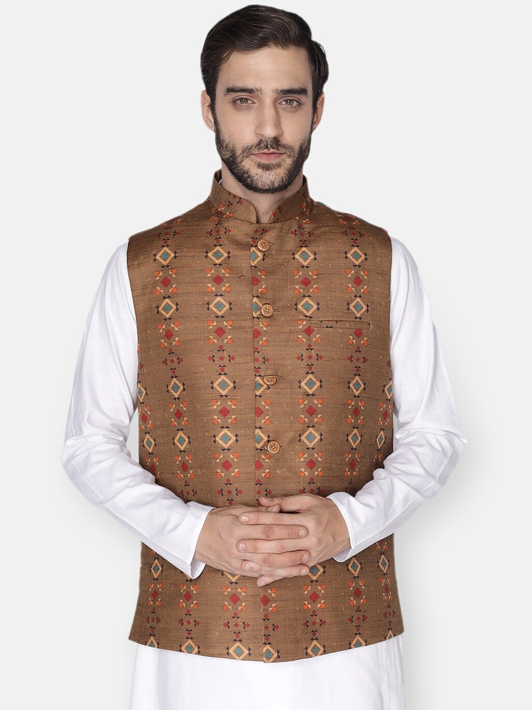 

NAMASKAR Men Mustard Yellow Printed Nehru Jackets