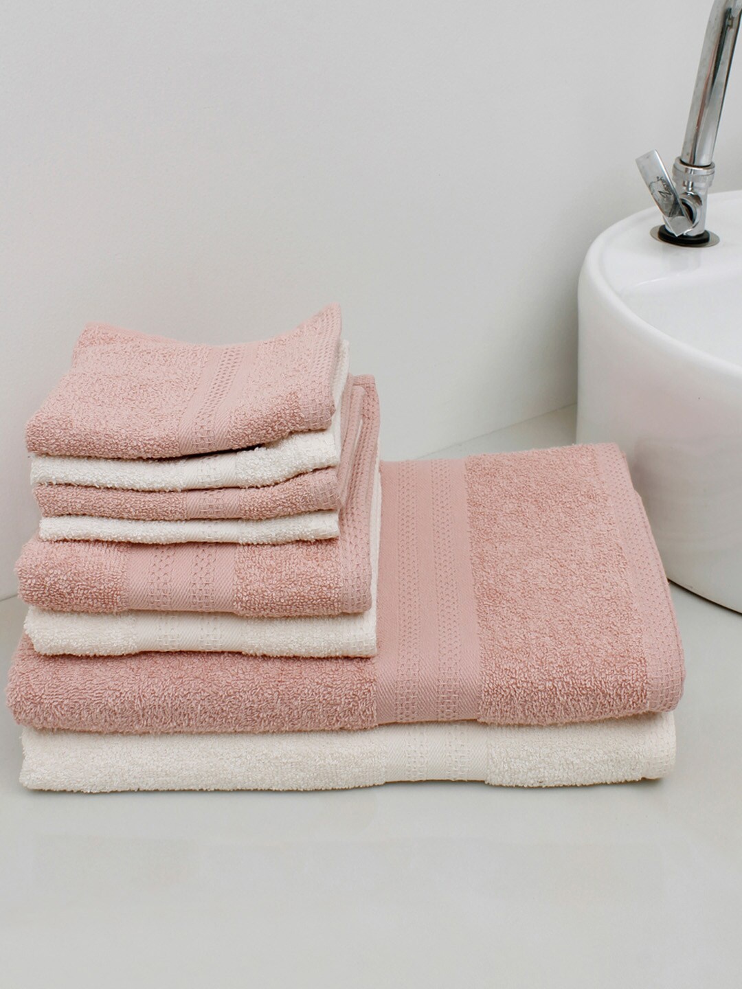 

AVI Living Set of 8 Cream Solid Pure Cotton 400 GSM Towel Set