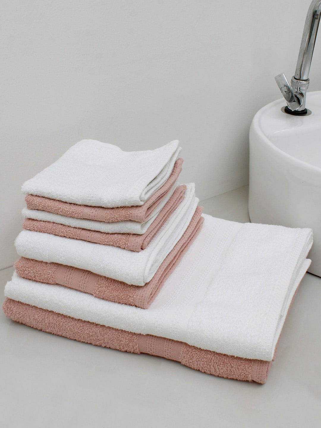 

AVI Living Set of 8 White & Pink Solid 400 GSM Cotton Towel Set