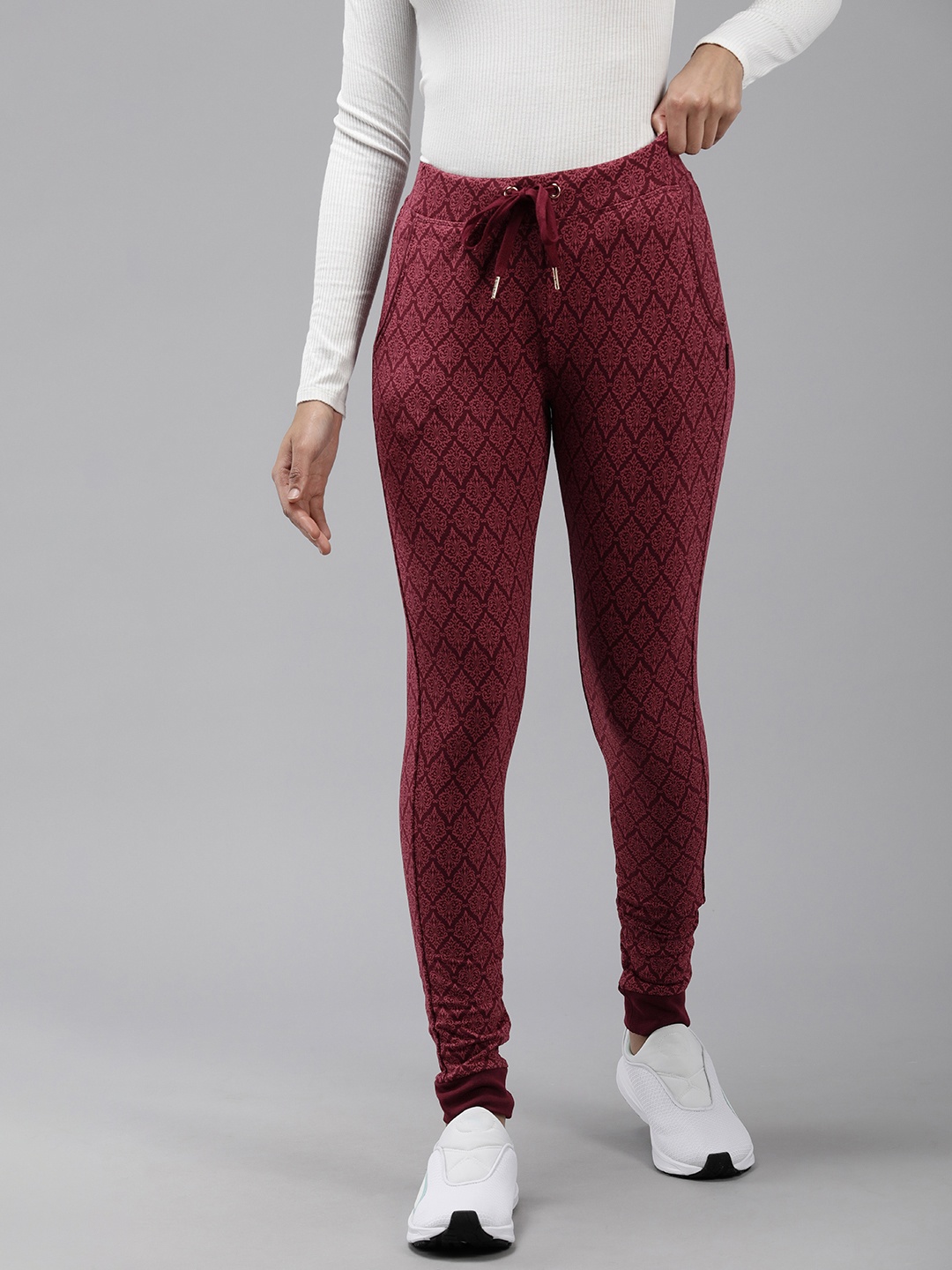 

Van Heusen Women Ethnic Motifs Printed Slim Fit Joggers, Maroon