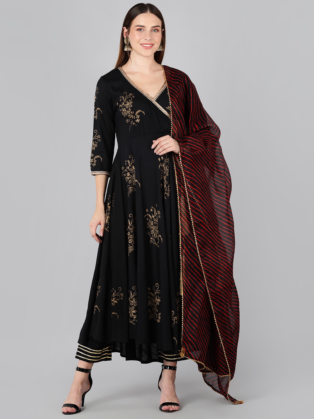 

Indi INSIDE Women Black Floral Embroidered Angrakha Gotta Patti Kurti with Trousers & With Dupatta