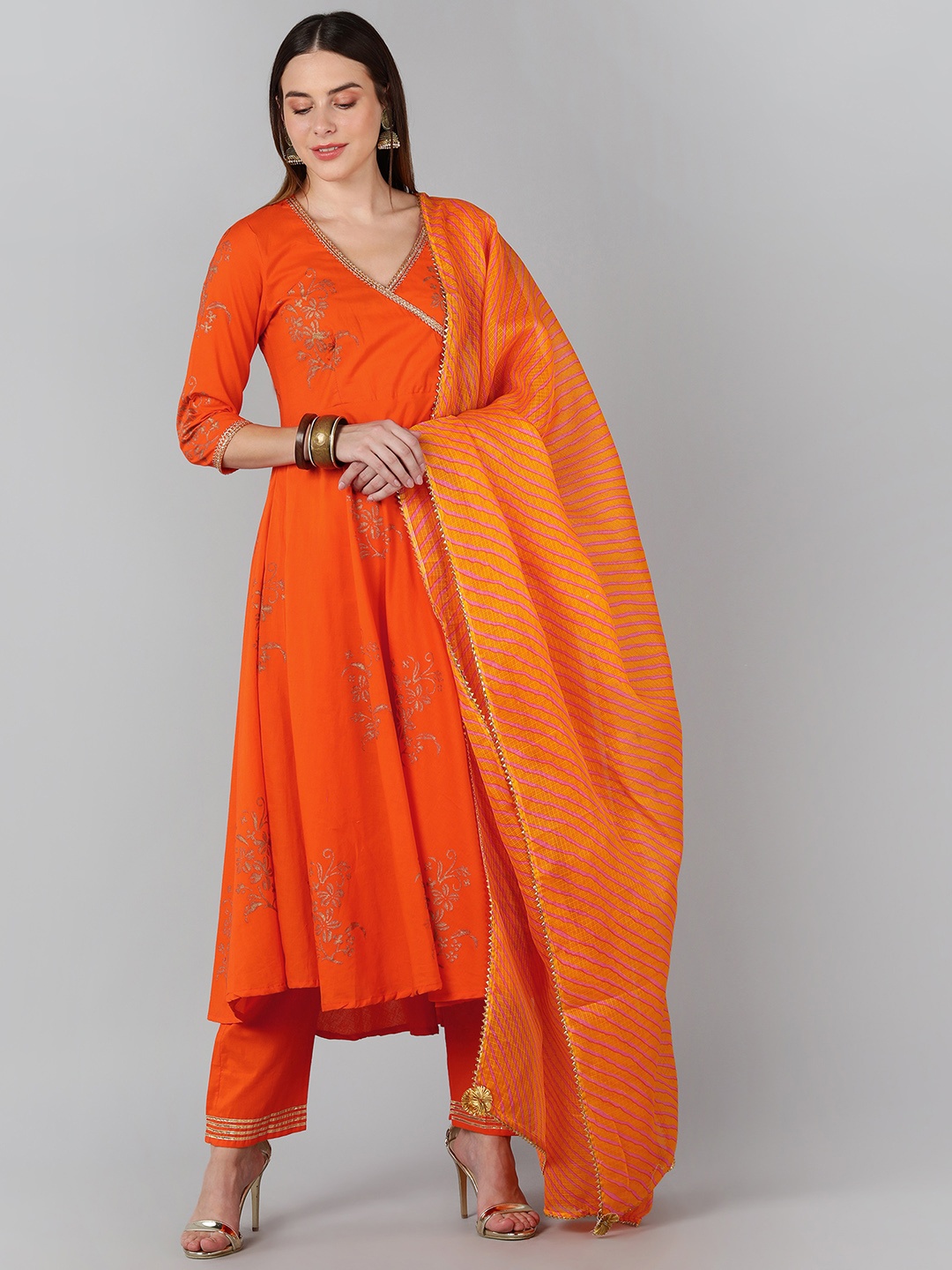 

Indi INSIDE Women Orange Angrakha Gotta Patti Kurti with Trousers & With Dupatta