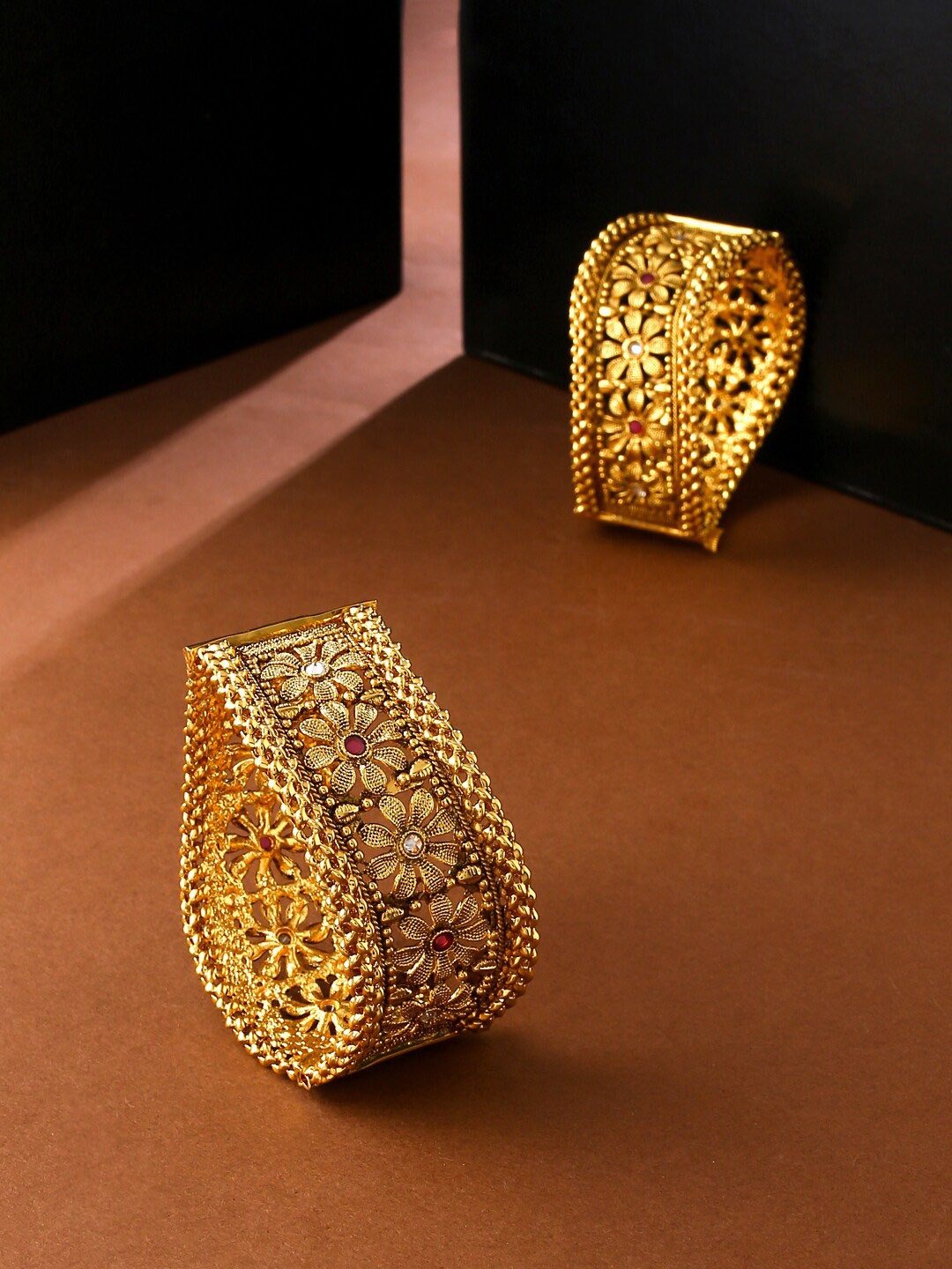 

Yellow Chimes Set Of 2 Gold-Plated Pink Quartz-Studded Bangle