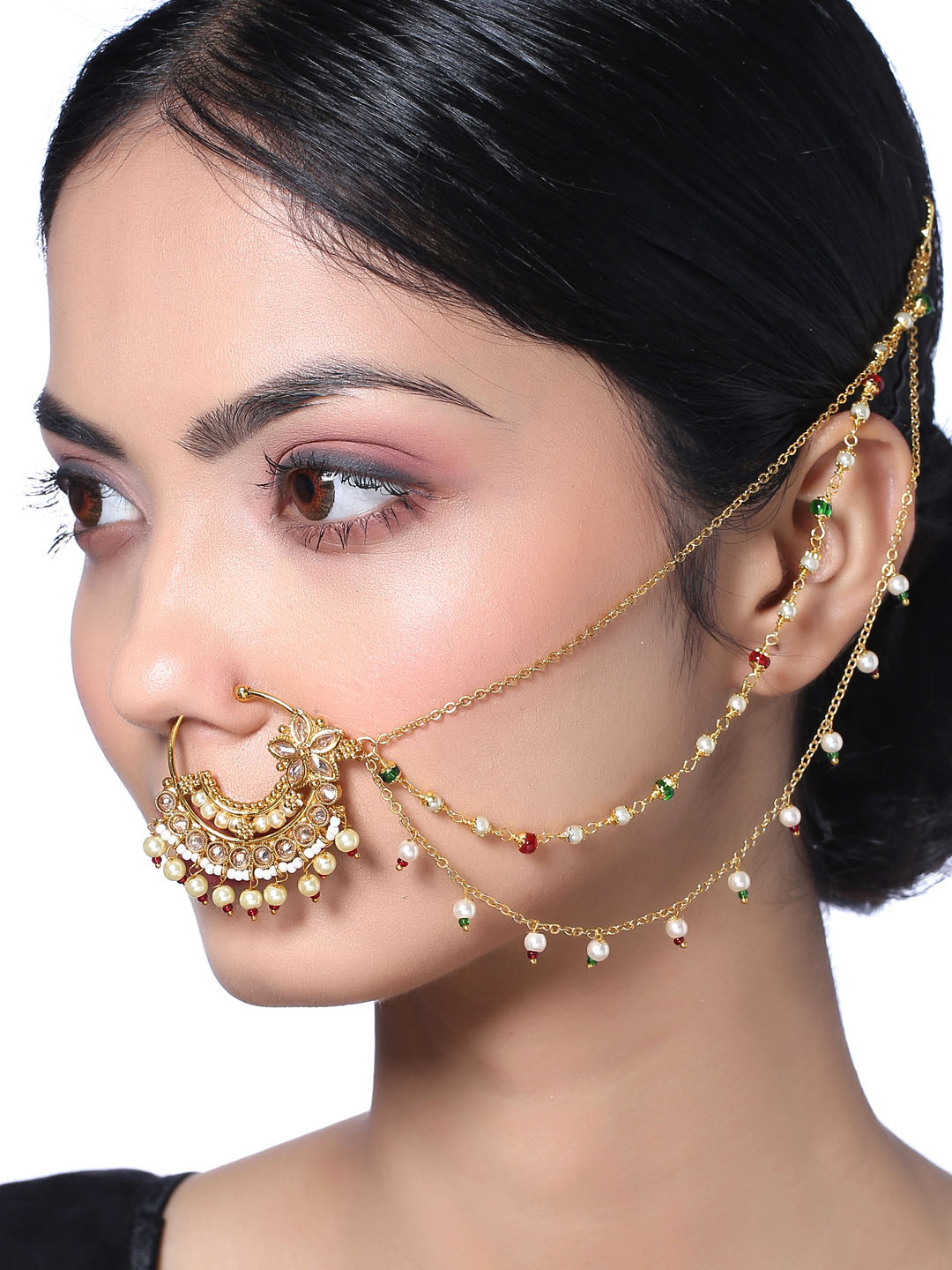 

Yellow Chimes Gold-Plated Red & Green Crystal-Studded Nose Pin With Beaded Extension