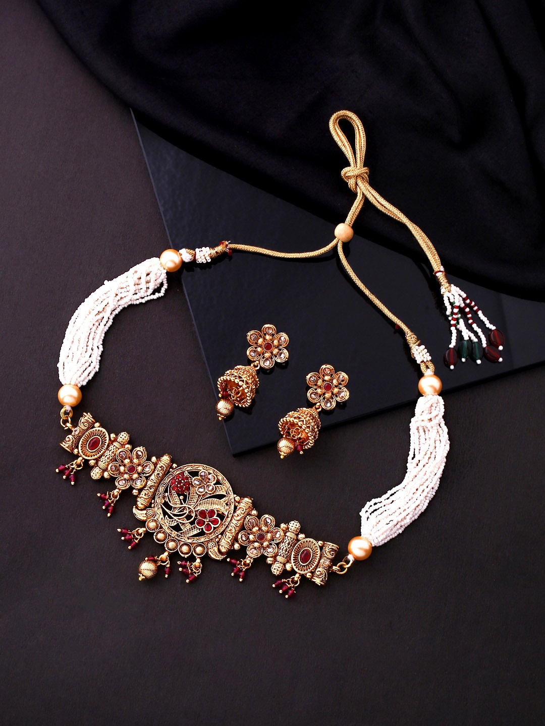 

Yellow Chimes Gold-Plated White & Red Crystal-Studded & Beaded Jewellery Set