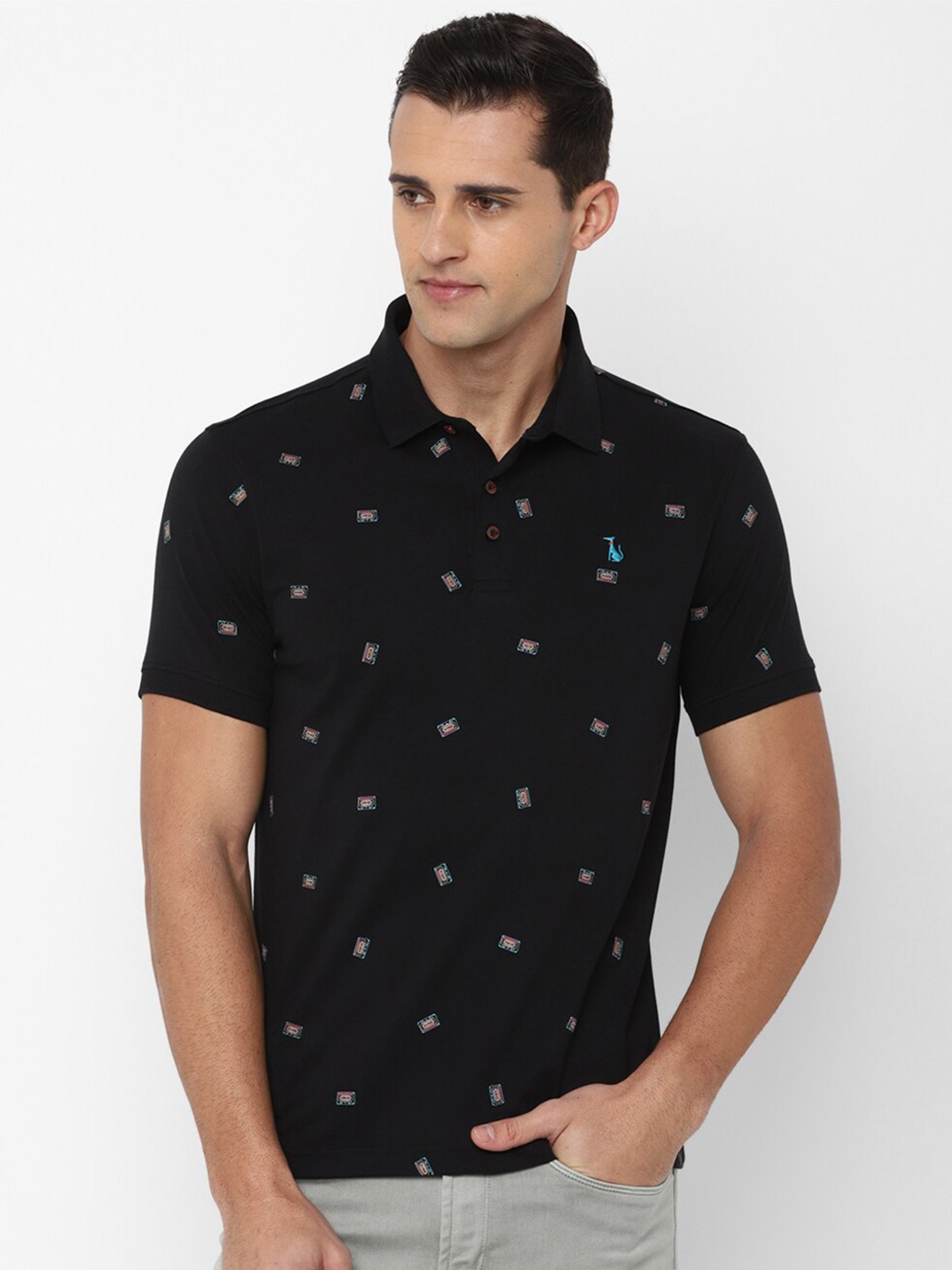 

SIMON CARTER LONDON Men Black Printed Polo Collar Tropical Slim Fit T-shirt