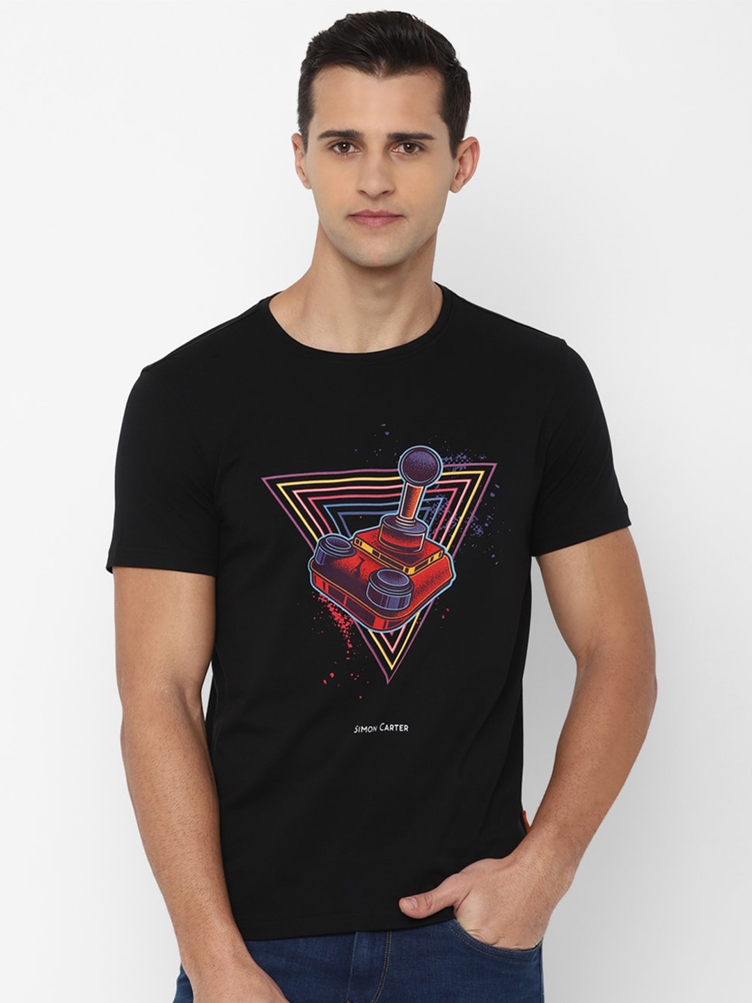 

SIMON CARTER LONDON Men Black Printed Raw Edge Slim Fit T-shirt