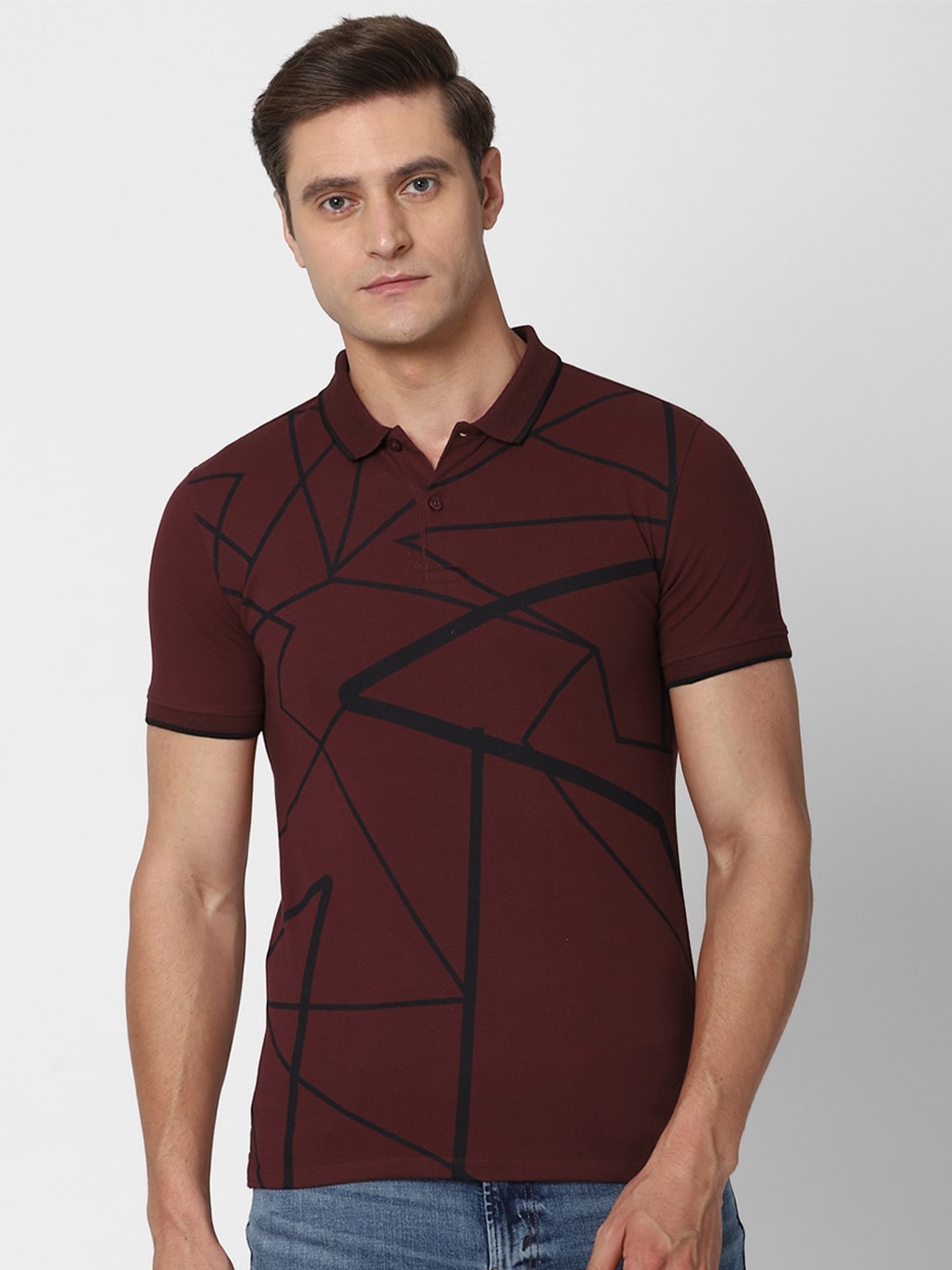 

V Dot Men Maroon Printed Polo Collar Slim Fit T-shirt