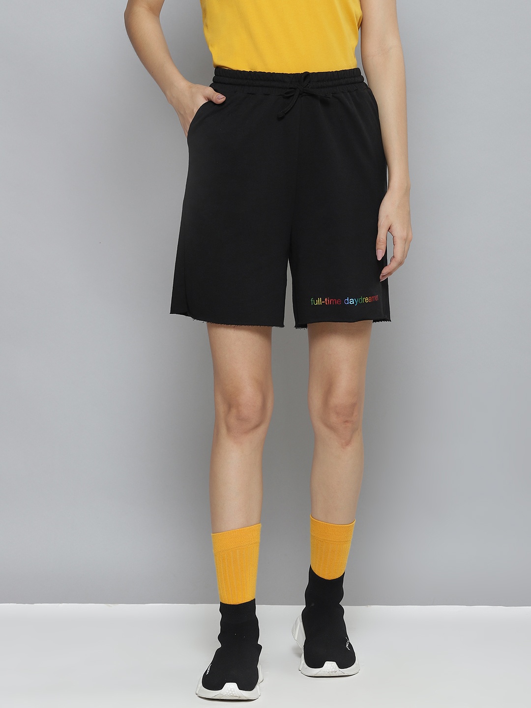 

SASSAFRAS Women Black Typography Training or Gym Sports Shorts