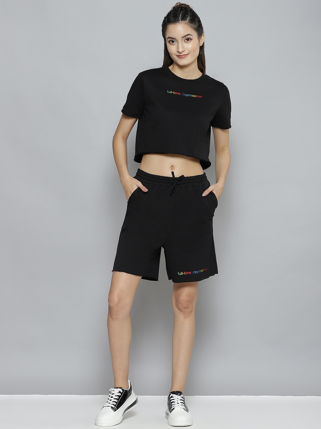 

SASSAFRAS Women Black & Blue Typography Print Crop Top with Shorts