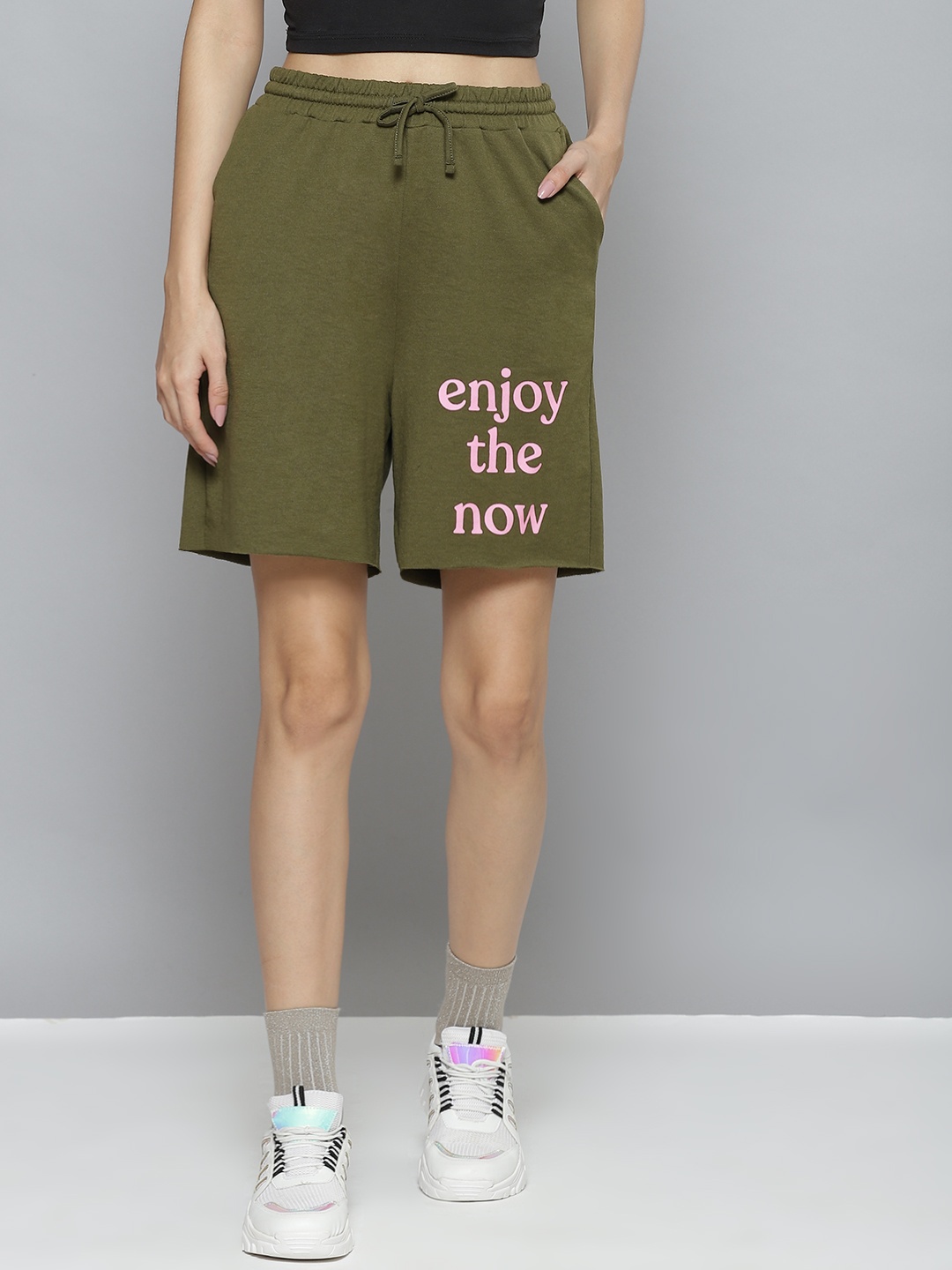 

SASSAFRAS Women Olive Green Typography Printed Training or Gym Sports Shorts