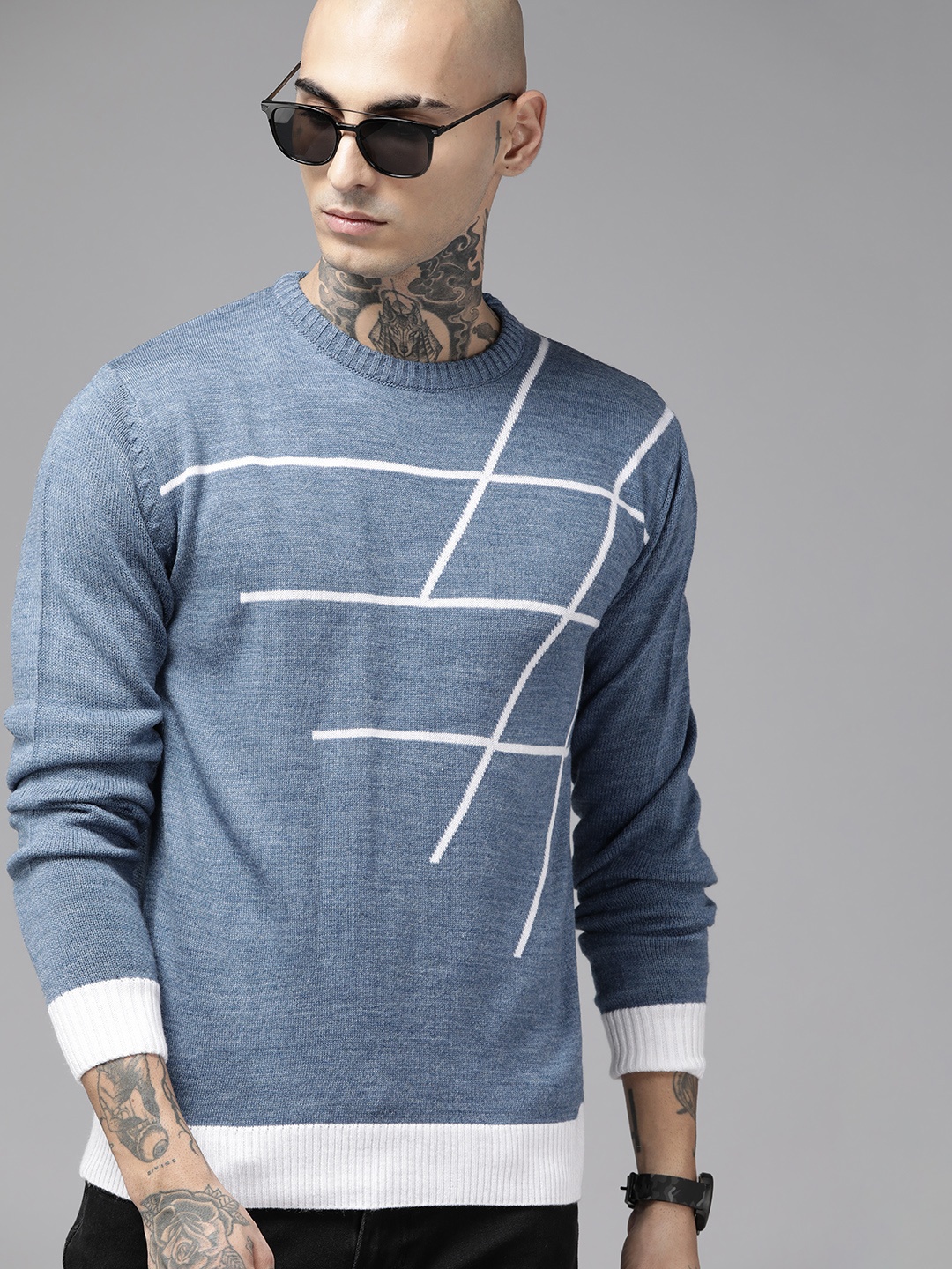 

The Roadster Lifestyle Co. Men Blue & White Striped Pullover