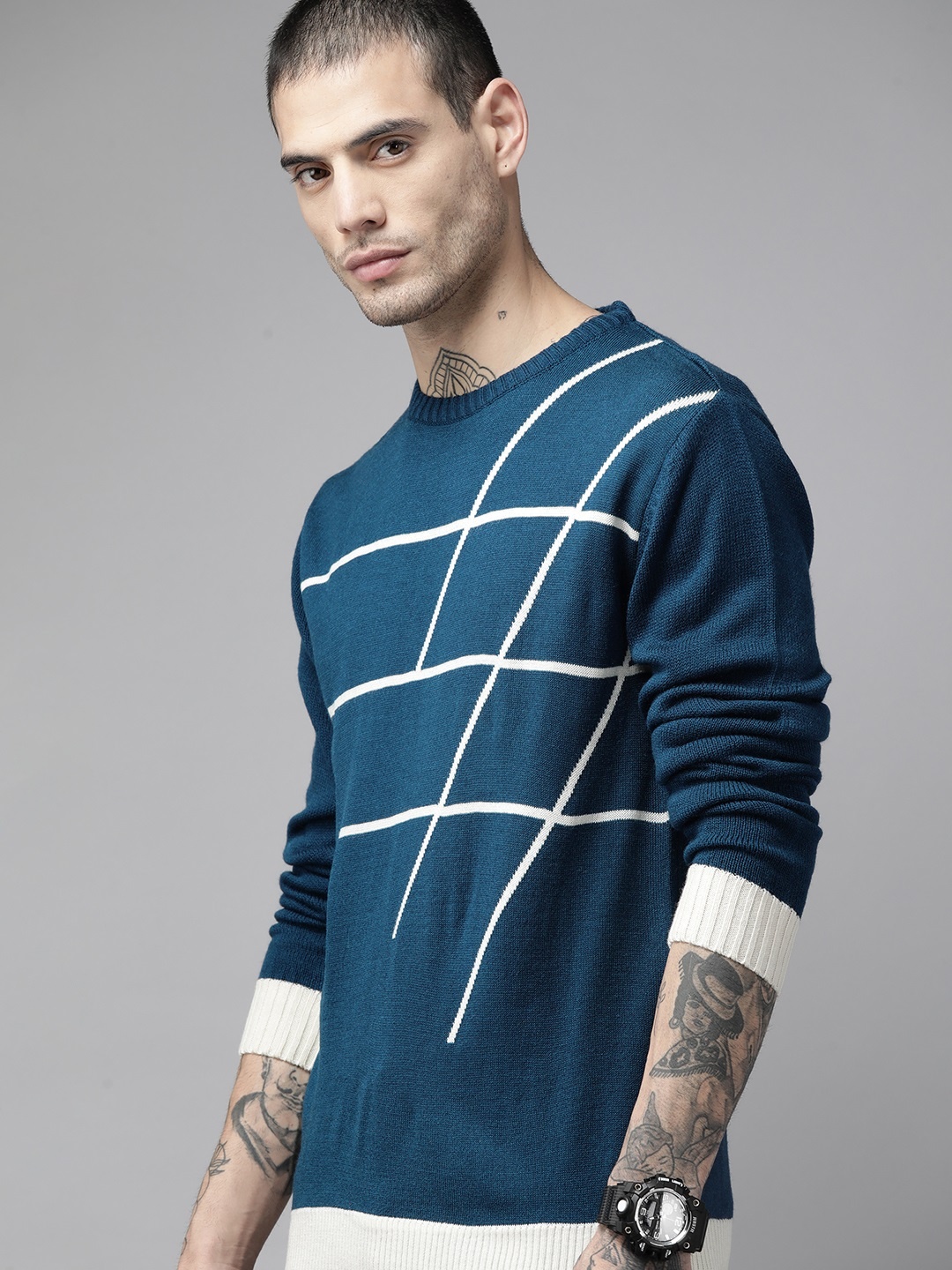 

The Roadster Lifestyle Co. Men Blue & Cream-Coloured Striped Pullover