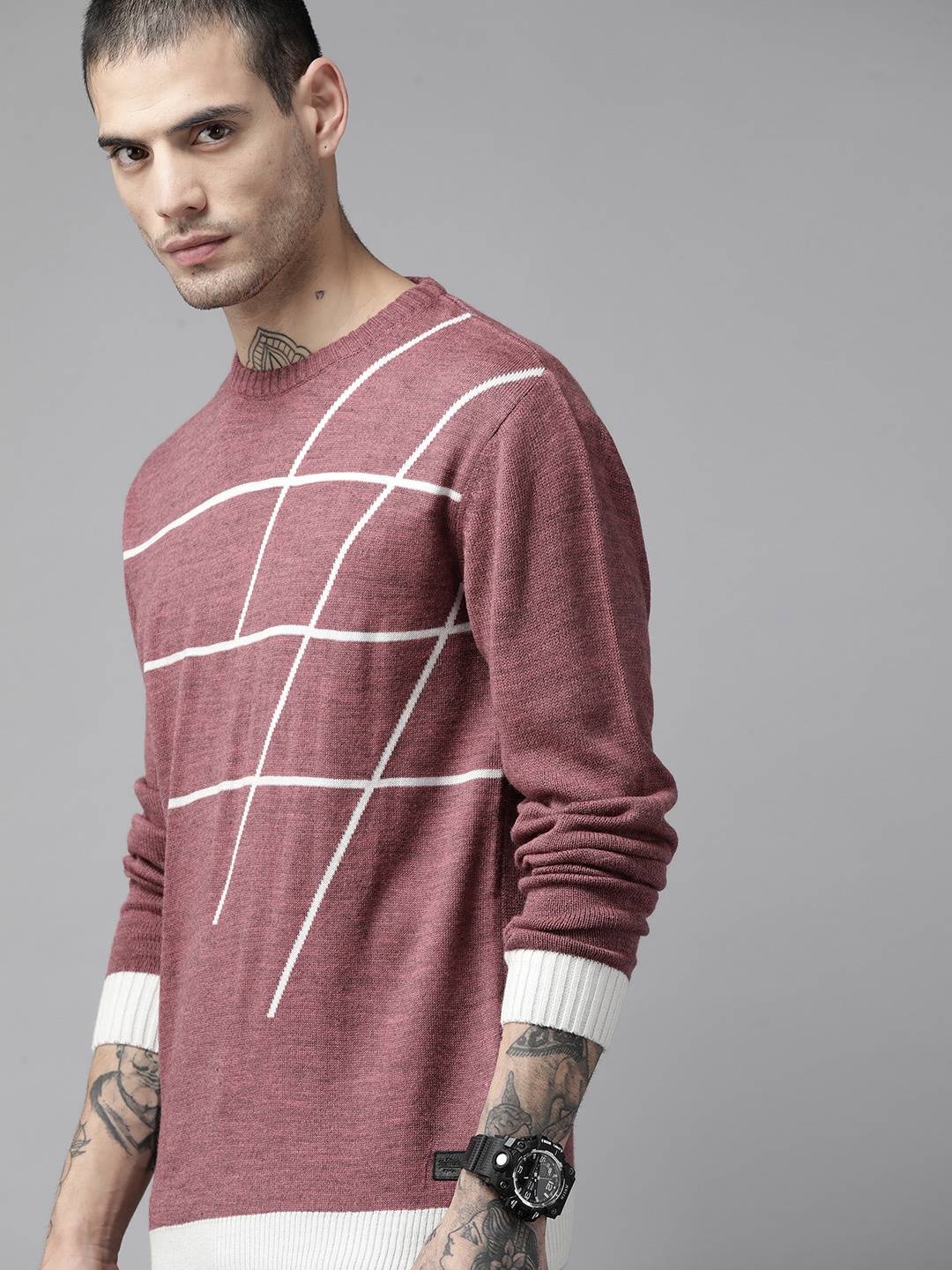 

The Roadster Lifestyle Co. Men Mauve & White Striped Pullover