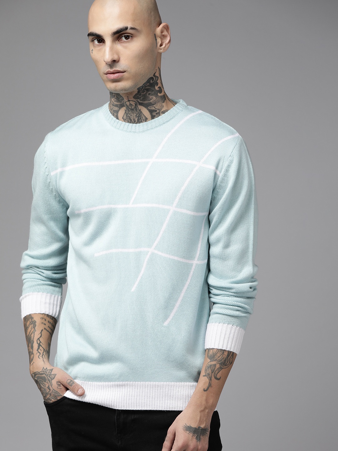 

The Roadster Lifestyle Co. Men Blue & White Striped Pullover