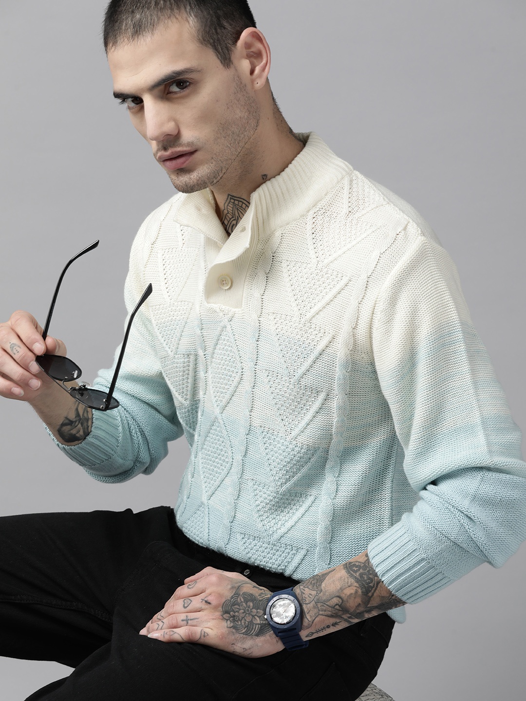 

The Roadster Lifestyle Co. Men Blue & Cream-Coloured Cable Knit Pullover