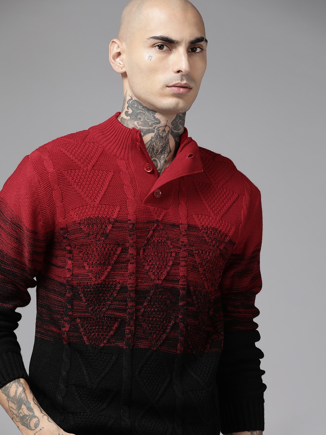 

The Roadster Lifestyle Co. Men Black & Red Cable Knit Pullover