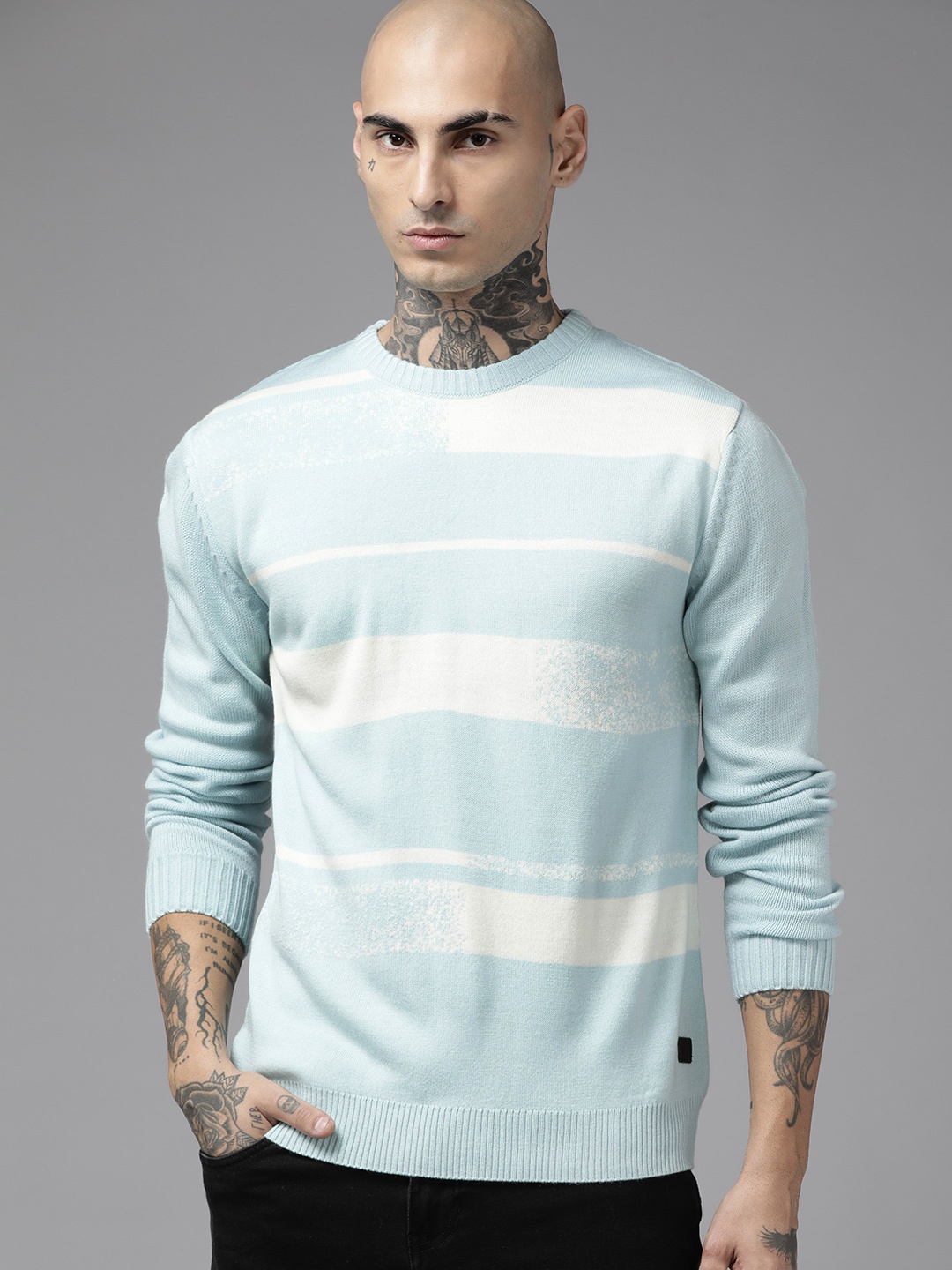 

The Roadster Lifestyle Co. Men Blue & Off White Striped Striped Pullover