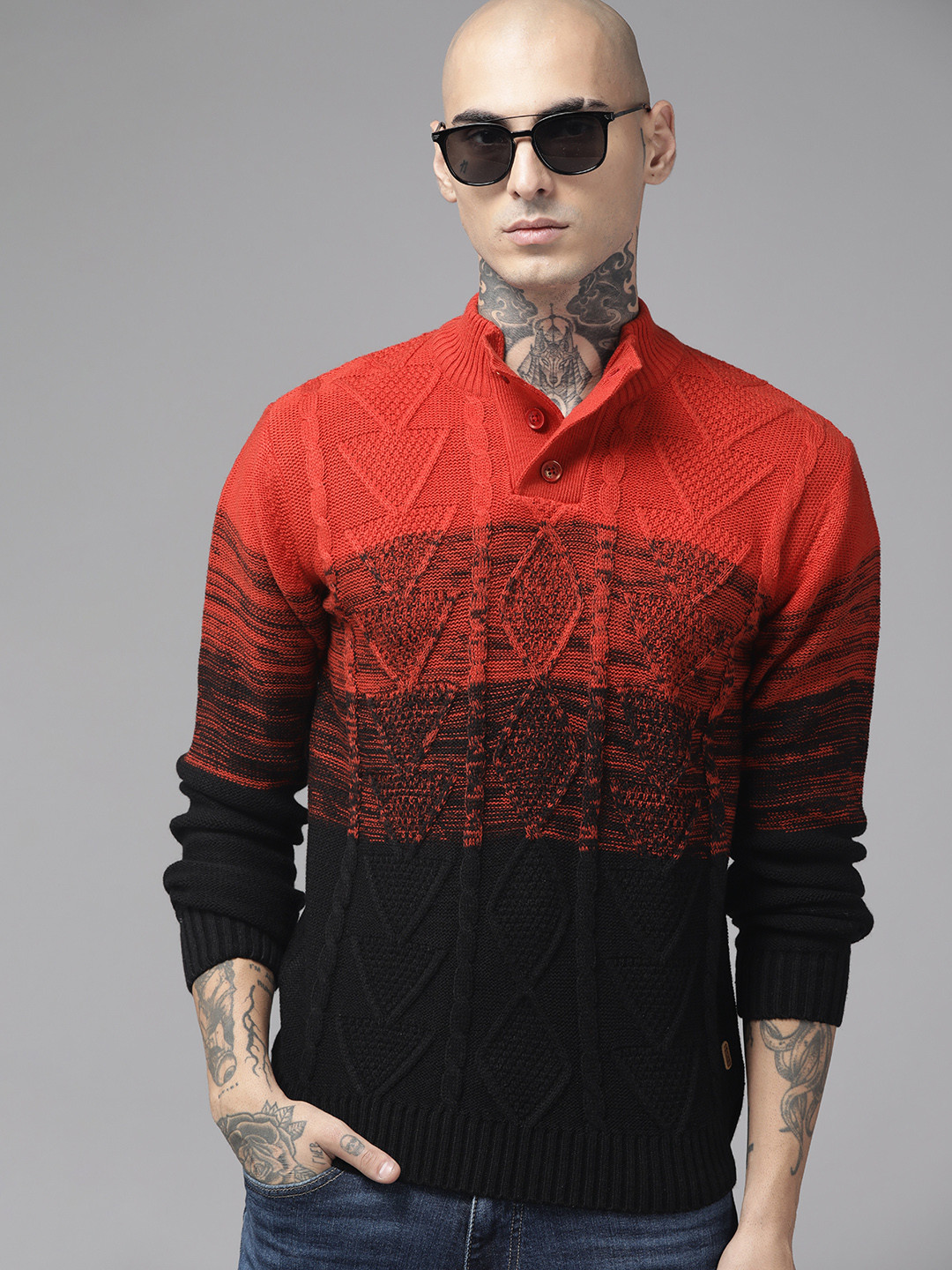 

The Roadster Lifestyle Co. Men Black & Coral Red Cable Knit Pullover