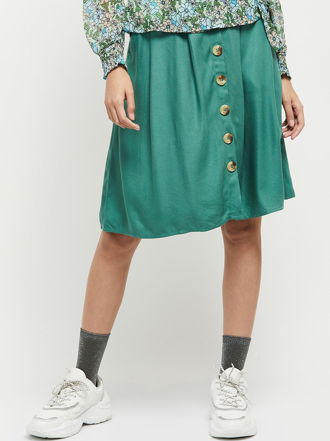 

max Women Green Solid A-Line Pleated Skirts