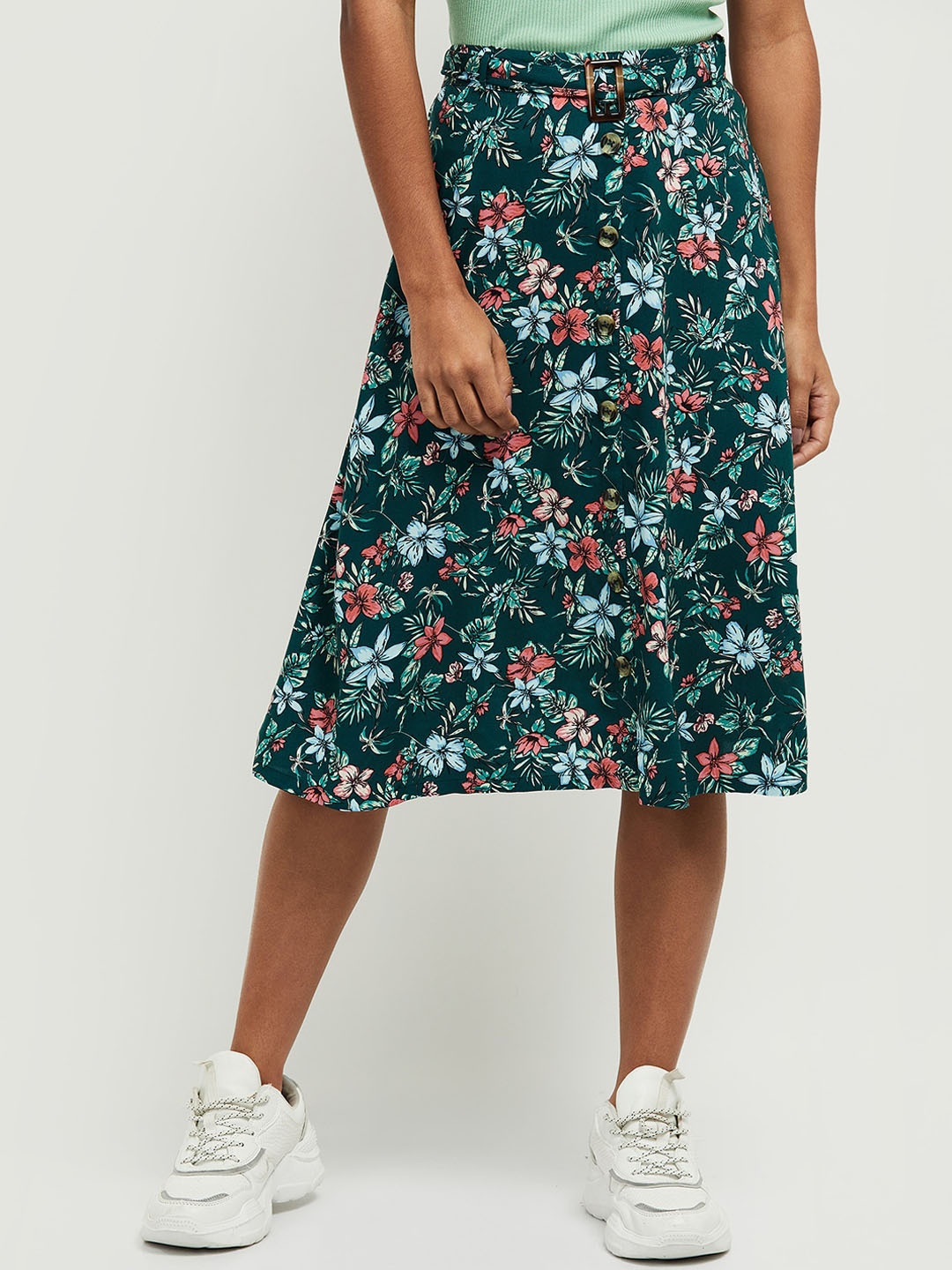 

max Women Green Printed Knee Length A-Line Skirts