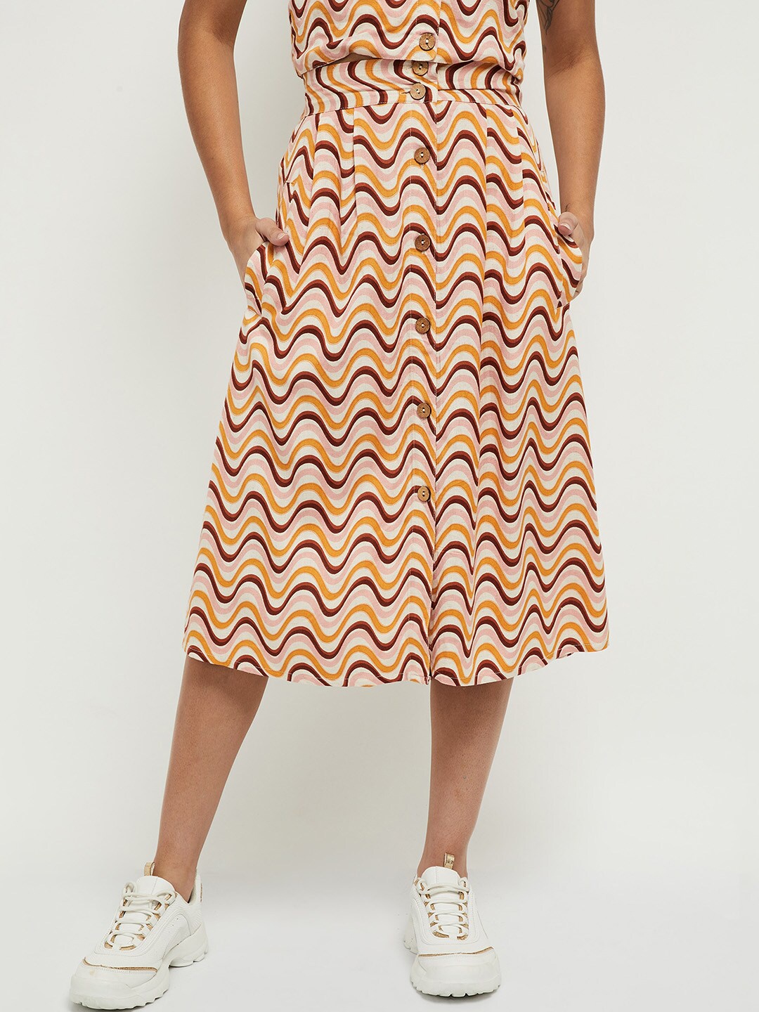 

max Women White & Orange Printed A-Line Pleated Skirts, Multi