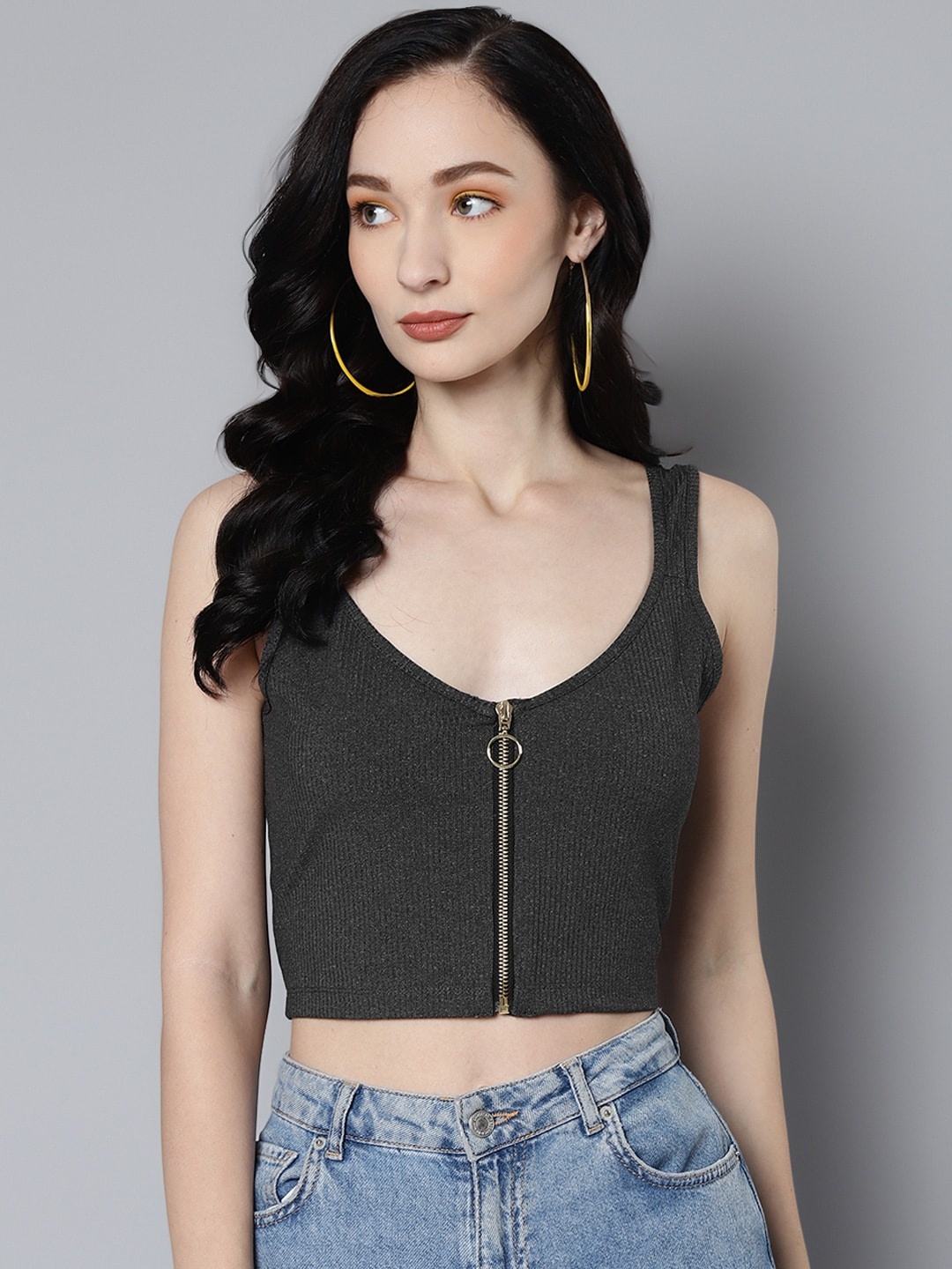 

SASSAFRAS Charcoal Grey Front Zipper Crop Top