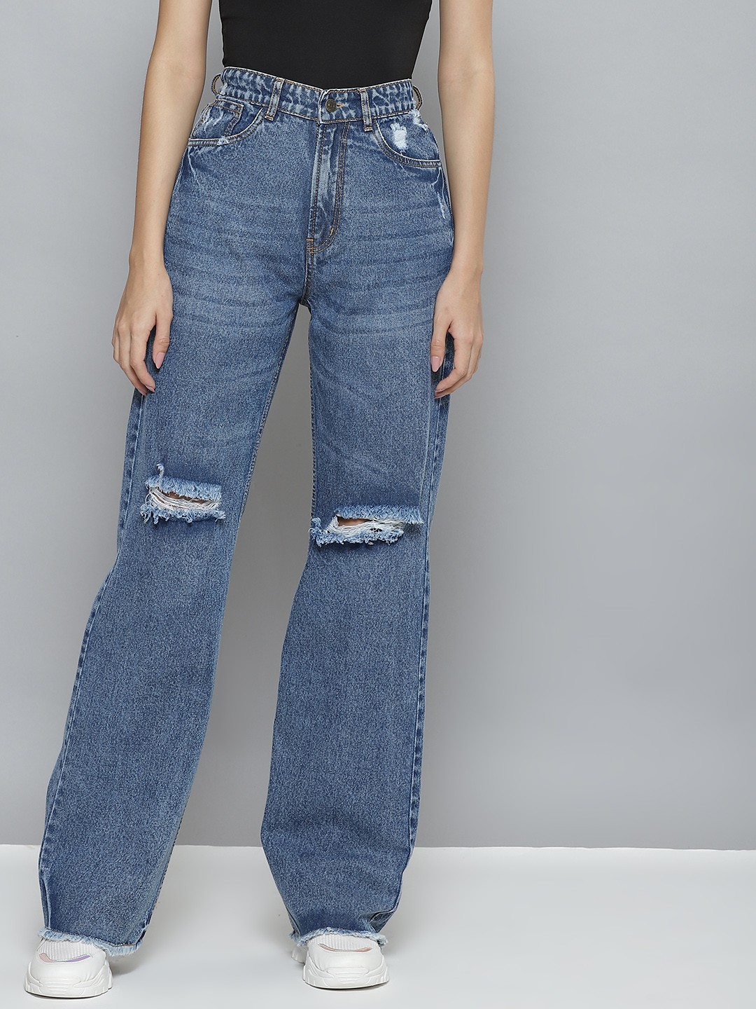 

SASSAFRAS Women Blue Comfort Wide Leg High-Rise Mildly Distressed Light Fade Jeans