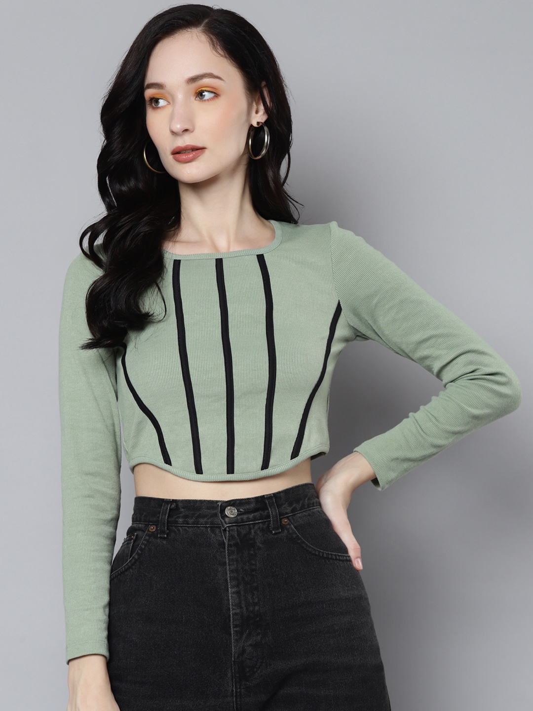 

SASSAFRAS Green & Black Striped Crop Top