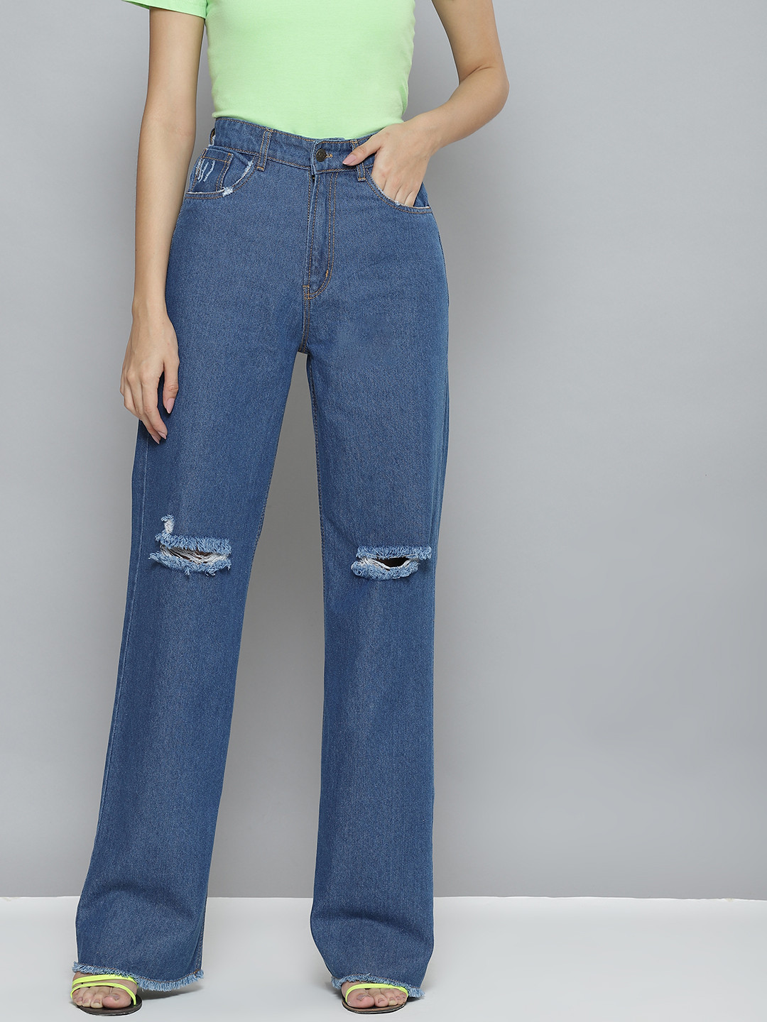 

SASSAFRAS Women Blue Comfort Wide Leg High-Rise Mildly Distressed Jeans