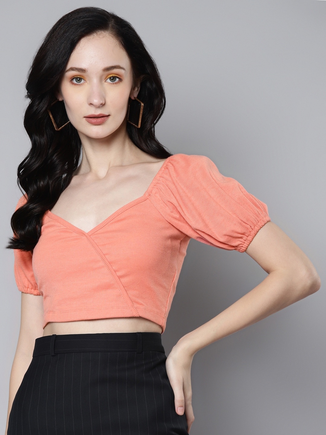 

SASSAFRAS Peach-Coloured Sweetheart Neck Rib Crop Top