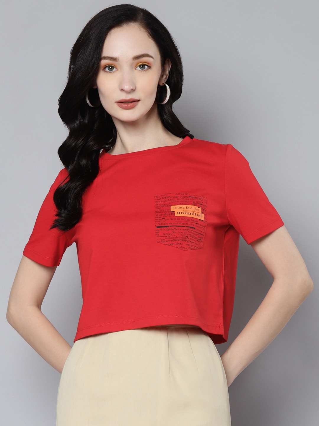 

SASSAFRAS Women Red Typography Printed Pure Cotton Boxy T-shirt