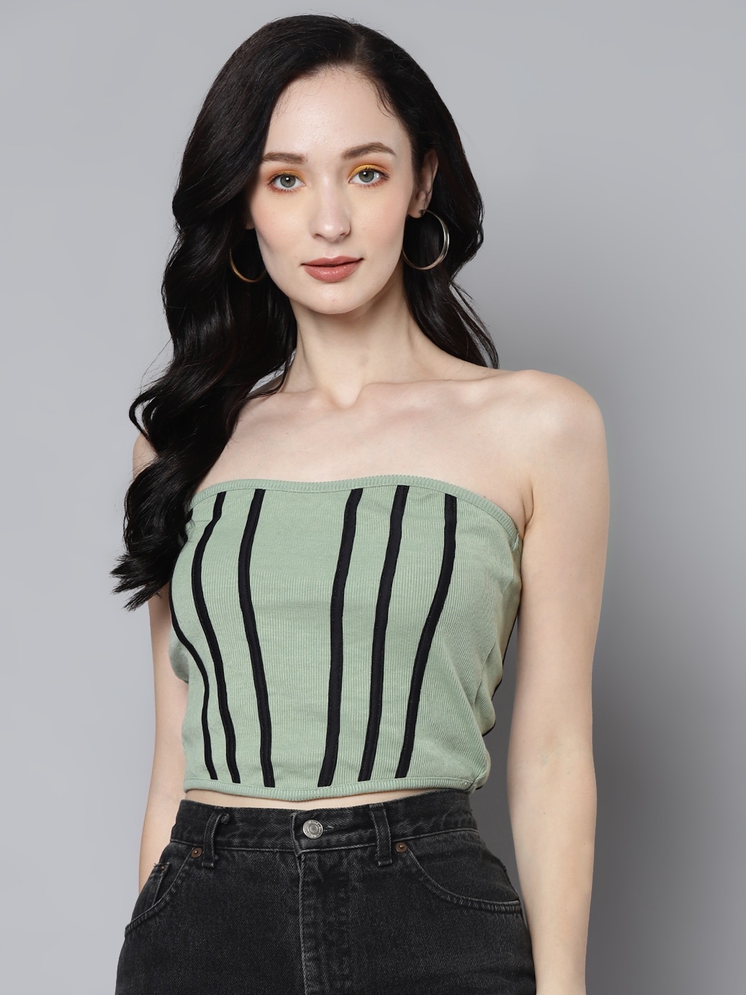 

SASSAFRAS Olive Green & Black Striped Tube Rib Crop Top