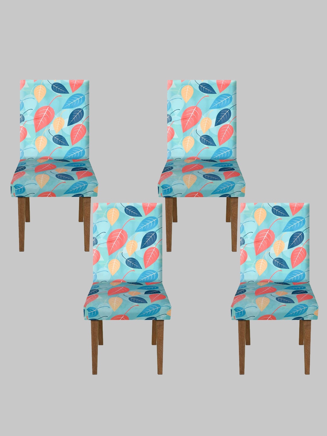 

Kuber Industries Set Of 4 Blue Leaf Printed Elastic Stretchable Chair Cover, Multi