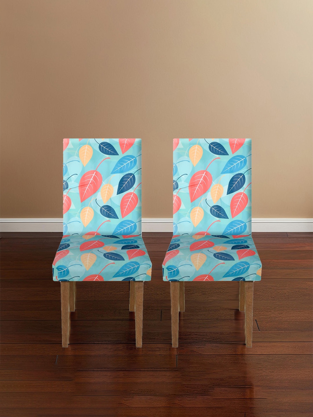 

Kuber Industries Set Of 2 Blue Leaf Printed Elastic Stretchable Chair Cover, Multi