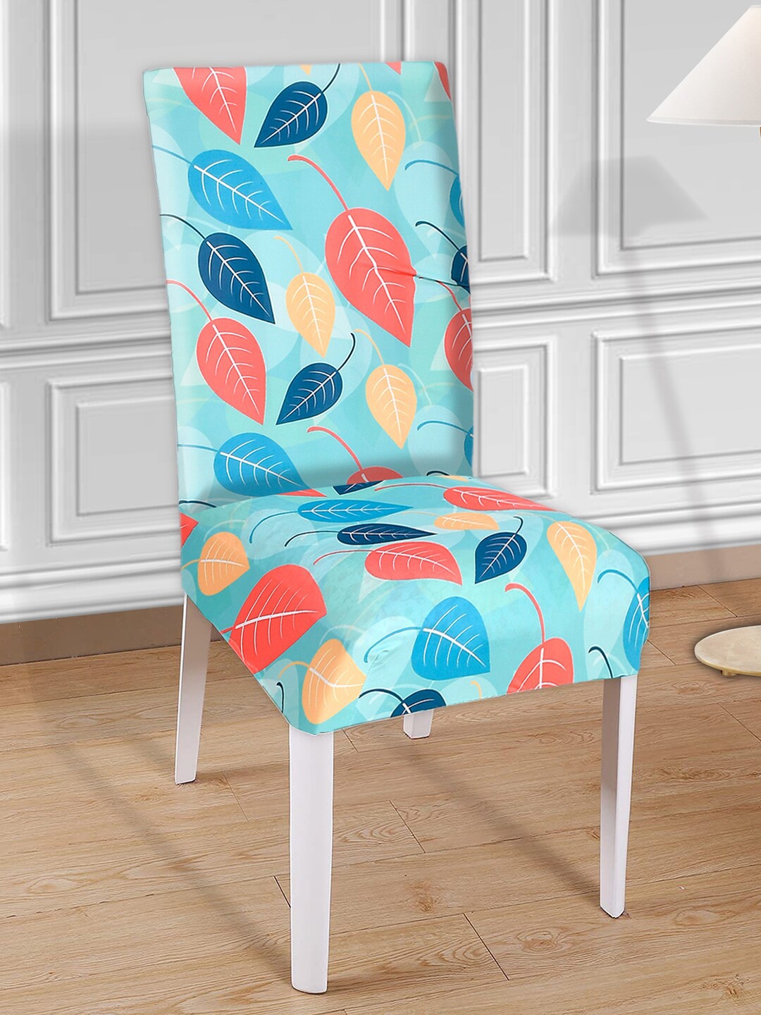 

Kuber Industries Set Of 6 Blue Leaf Printed Elastic Stretchable Chair Cover