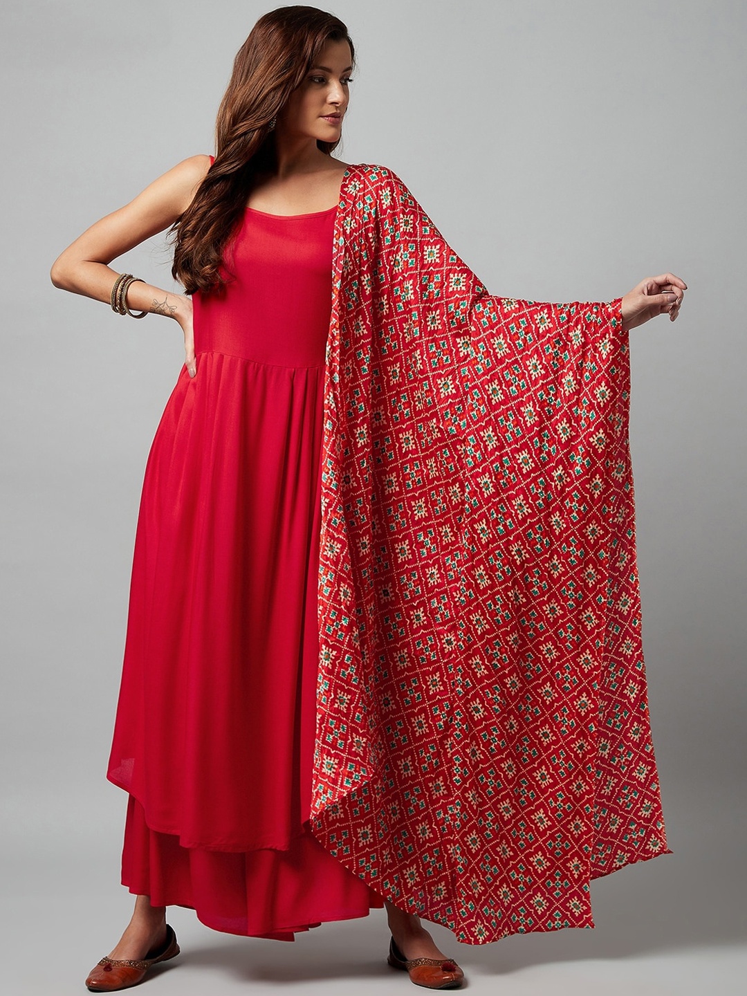 

InWeave Women Red Ethnic Motifs Panelled Kurta with Palazzos & With Dupatta