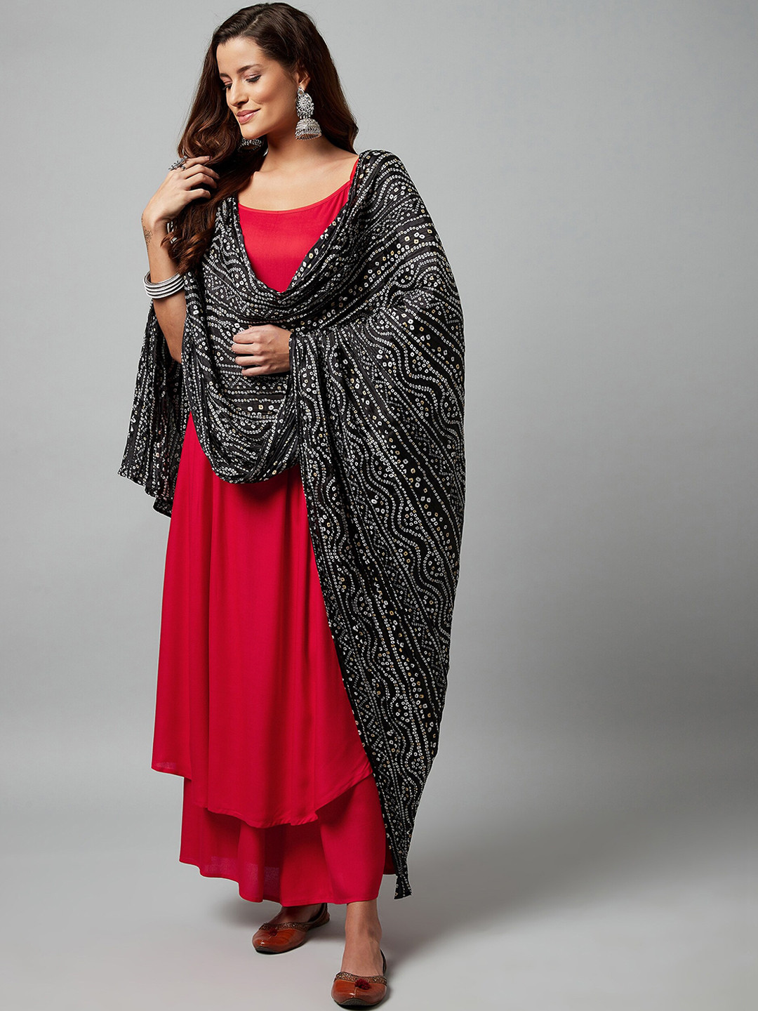 

InWeave Women Red Panelled Kurti with Palazzos & With Dupatta
