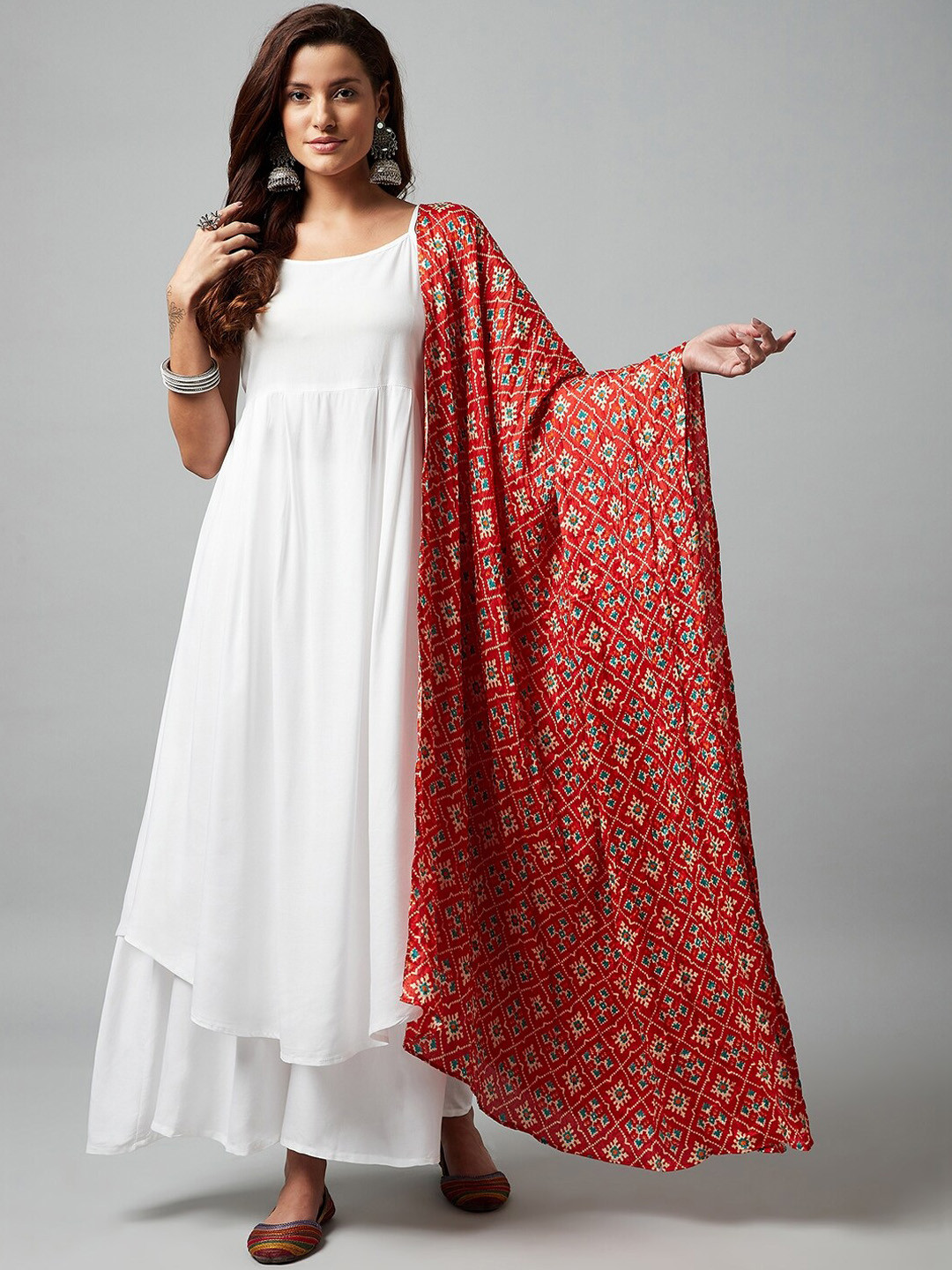 

InWeave Women White Floral Empire Kurti with Palazzos & With Dupatta